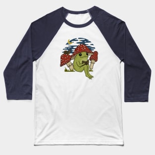 Cute Frog in Mushroom Hat Reading a Book, Goblincore Toad Toadstool Under Starry Cottagecore Sky Baseball T-Shirt